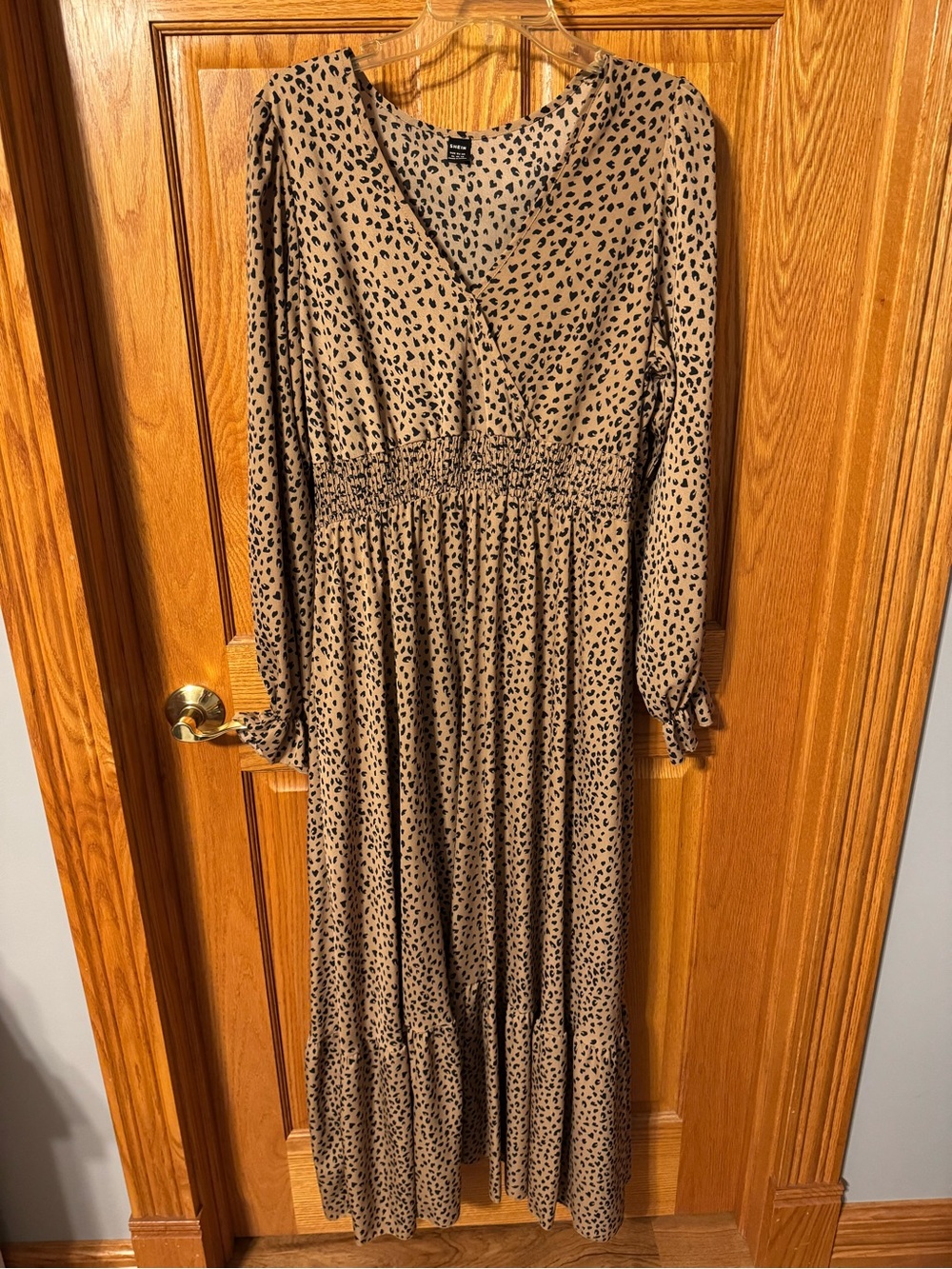 SHEIN Beige and Black Leopard Print Smocked Waist Maxi Dress